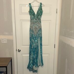Jovani Teal and Silver Beaded Prom Dress
